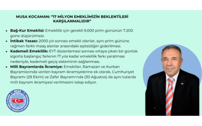 MUSA KOCAMAN: “17 MİLYON EMEKLİMİZİN BEKLENTİLERİ KARŞILANMALIDIR”
