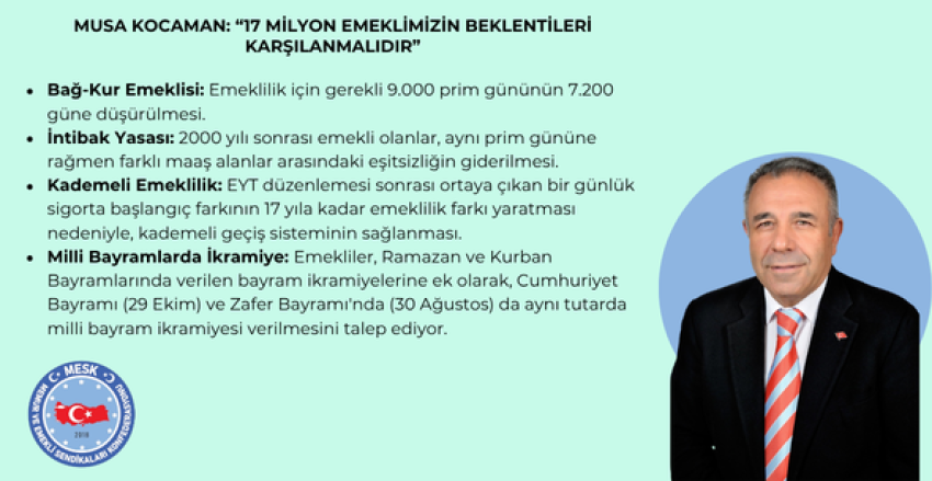 MUSA KOCAMAN: “17 MİLYON EMEKLİMİZİN BEKLENTİLERİ KARŞILANMALIDIR”