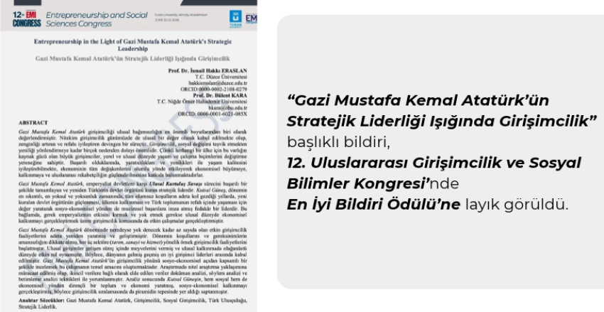 Gazi Mustafa Kemal Atatürk’ün Stratejik Liderliği Işığında Girişimcilik Bildirisi'ne Ödül