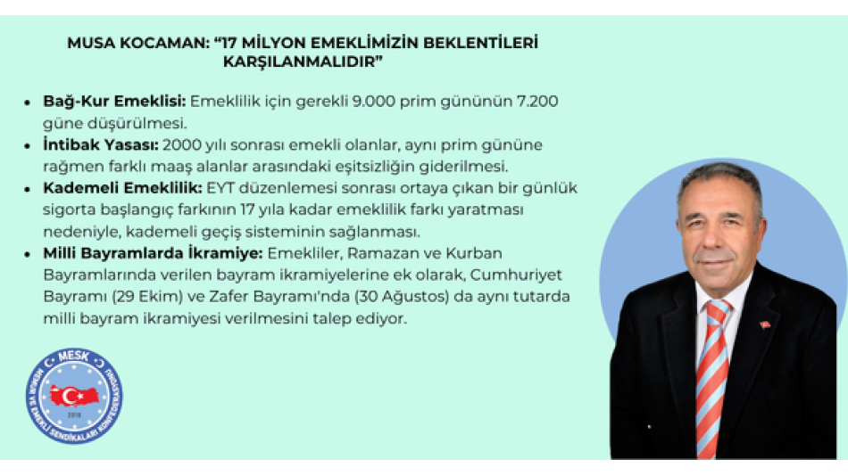 MUSA KOCAMAN: “17 MİLYON EMEKLİMİZİN BEKLENTİLERİ KARŞILANMALIDIR”