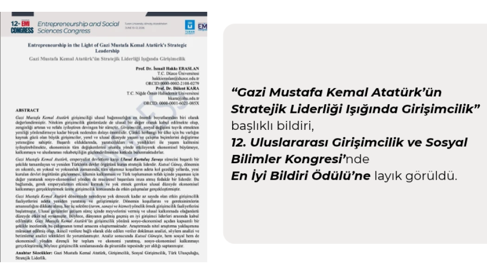 Gazi Mustafa Kemal Atatürk’ün Stratejik Liderliği Işığında Girişimcilik Bildirisi'ne Ödül